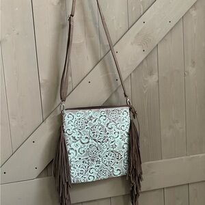 Justin Western Floral Embossed Fringe Shoulder Bag Brown Mint Zip Casual